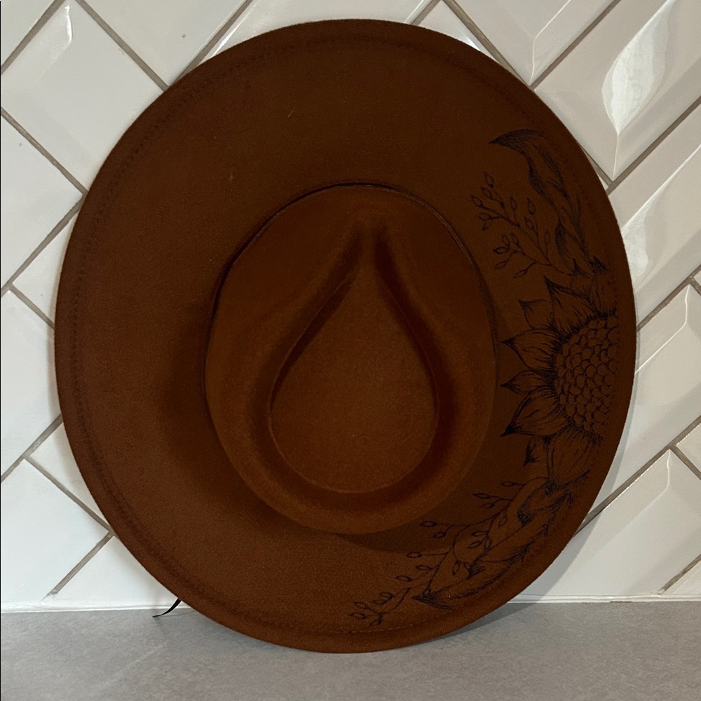 Brown Wide-Brim Hat with Floral Design